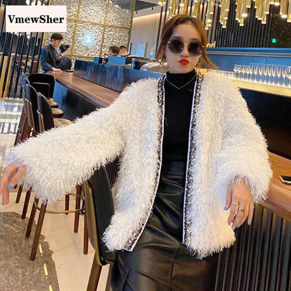 

vmewsher new winter women faux fur coat puffy tassel pearl taping patchwork jacket warm coat sweet elegant cardigan outwear chic1, Black