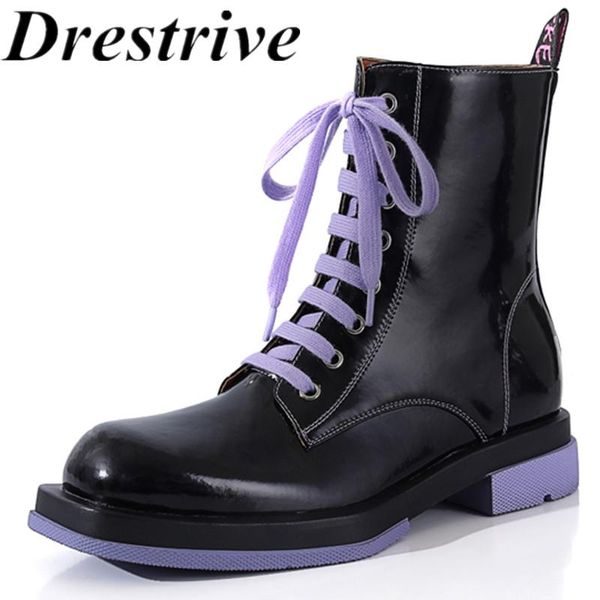 

boots drestrive women's ankle low heels lace up square toe cow leather 2021 fashion winter shoes black cross tied platform