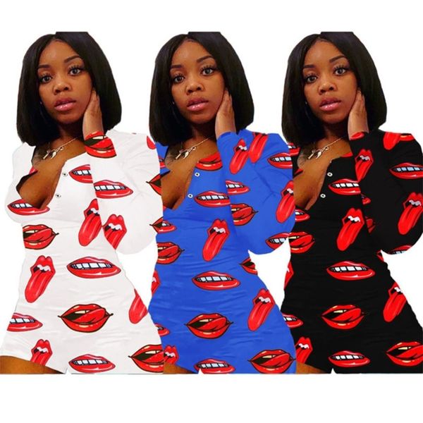 

women jumpsuit fashion lips shorts long sleeve rompers shorts valentines day onesies night club deep v-neck one piece bodysuit h12106, White