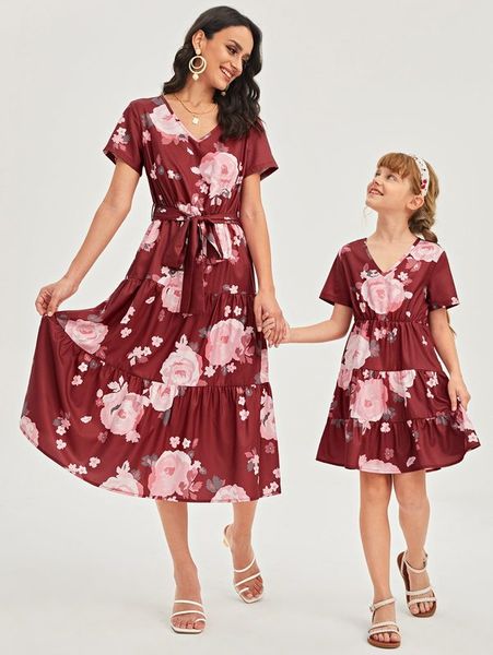 

girls 1pc floral print ruffle hem dress she, Red;yellow