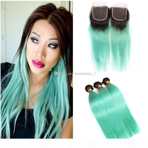 

зеленый ombre волос с кружевом закрытие silk straight два тона человека бразильский виргинский 3bundles волос с 4 * 4 top closure water gree, Black;brown