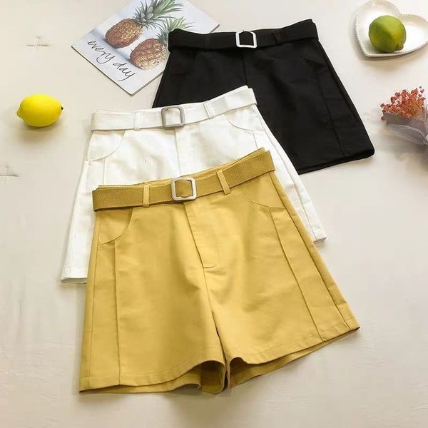 

2021 new high waist women streetwear black white yellow solid color suit shorts with belt woman all-match short femme 1sgq, White;black