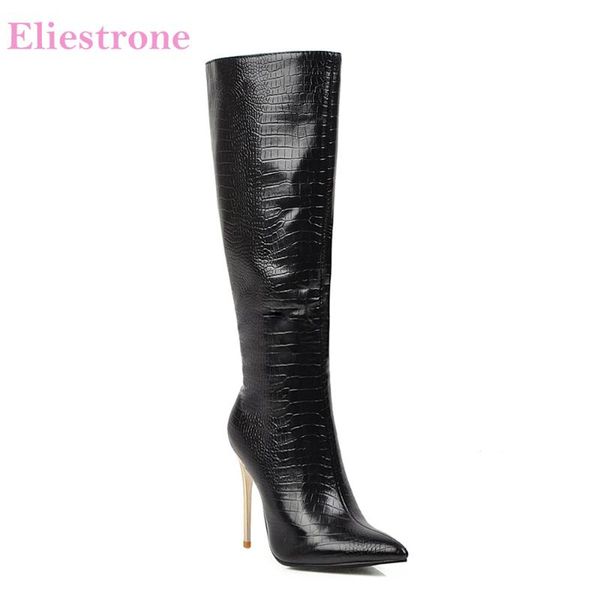 

winter brand new fashion black leopard women knee high boots high thin heels lady shoes ly07 plus big size 10 43 45 48