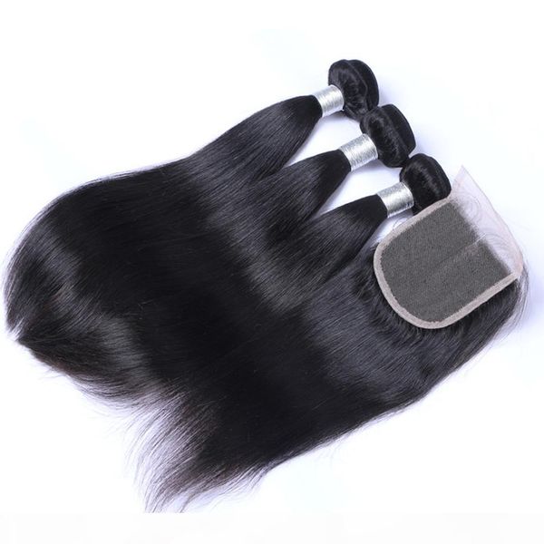 

4x4 lace closure straight 3 pcs brazilian human hair bundles peruvian malaysian indian straight human 130% density with baby hair, Black;brown
