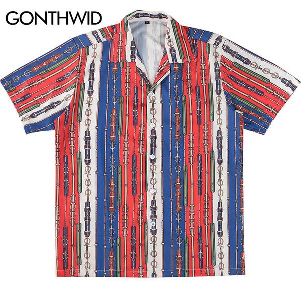 

chain belts vertical stripe print hawaiian short sleeve shirts summer casual beach hip hop streetwear, White;black