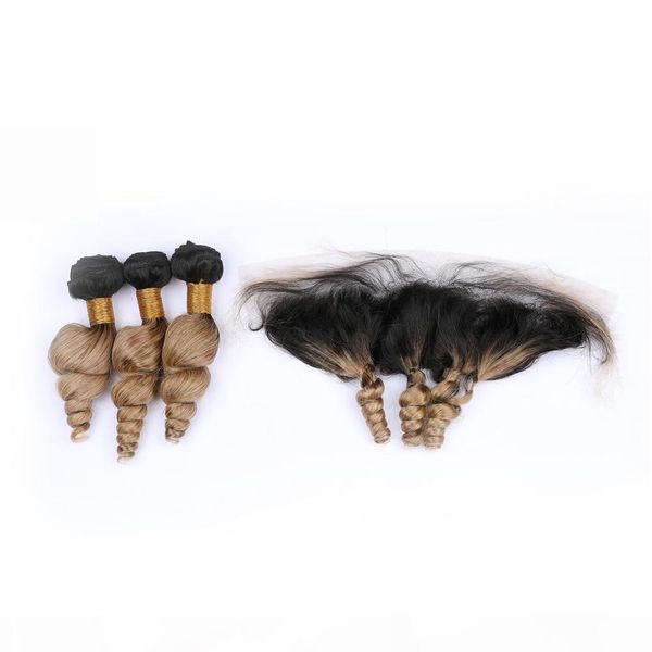 

ombre lace frontal with bundles 13" * 4" loose wavy indian hair blonde ombre bundles with frontal ombre #1b #27 color, Black;brown