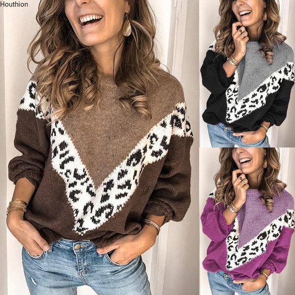 

houthion women's sweater fashion temperament round neck leopard print stitching casual contrast color knitted elegant sweater1, White;black
