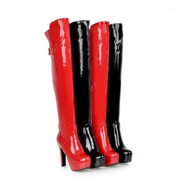 

over the knee boots women platform fashion high heels thigh high boots patent leather women's winter shoes red1, Black