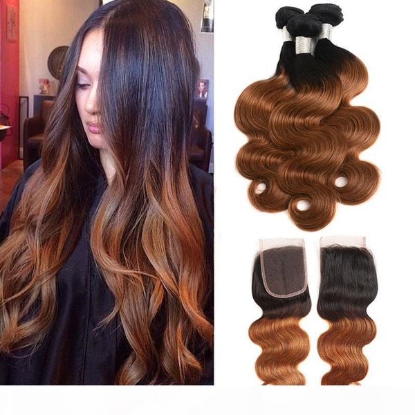 

brazilian virgin hair extensions 3 bundles with 4x4 lace closure body wave 1b 30 ombre color two tone straight human hair wefts with closure, Black;brown