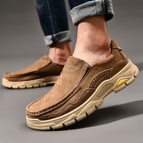 

men shoes genuine leather flats men loafers outdoor men sneakers rubber male casual shoes 201012, Black