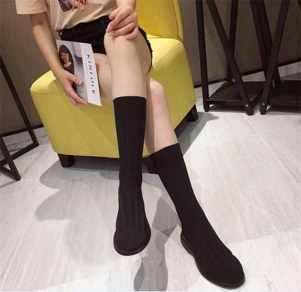 

stretch knitted half boots women comfortable soft shoes ladies spring autumn elegant boots 2020 thin leg wool knit elastic, Black