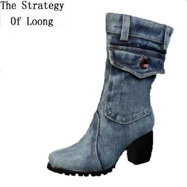 

spring autumn winter fashion women denim plus size mid-calf cowgirl boots lady zipper sewing canvas work boots 191005, Black