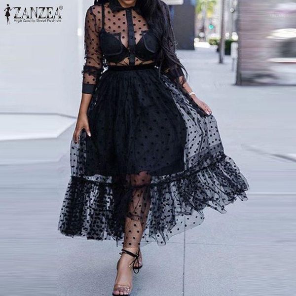 

zanzea summer transparent lace mesh sheer dress women ruffles hem polka dot sundress casual see through black vestido robe71, Black;gray