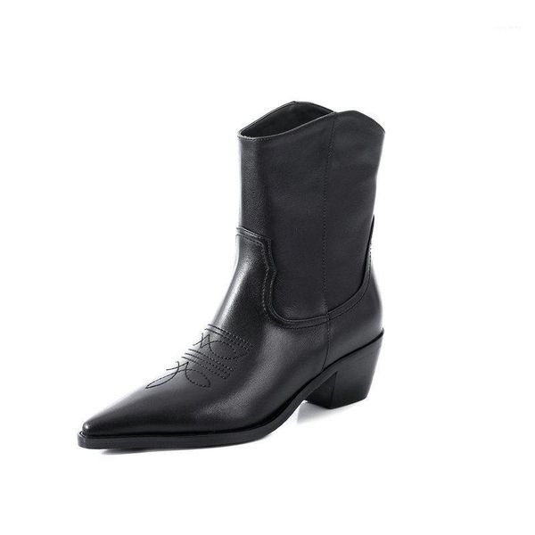 

genuine leather slip-on motorcycle boots ankle boots for women shoes woman thick high heels ankle large size 34-431, Black