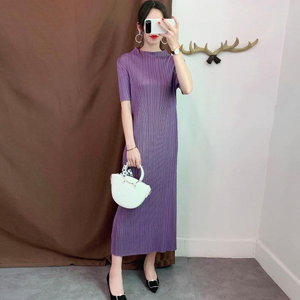 

purple stand-up collar short-sleeved pleated slim plus woman bottom dress casual simple fashion 2020 autumn new tv734, Black;gray