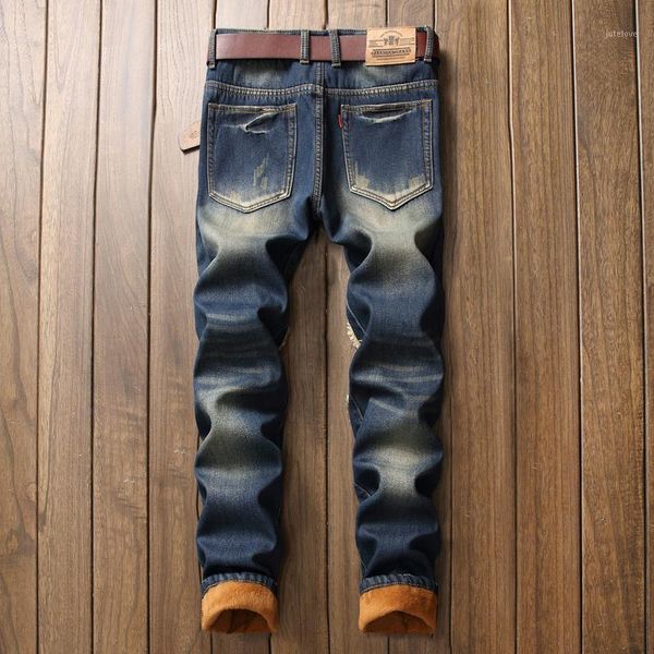 

new hollow jeans men's winter and autumn plush and thick men's trousers1, Blue