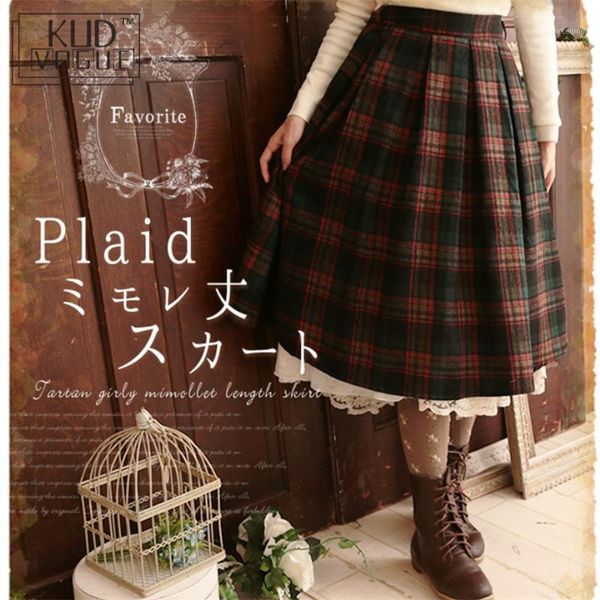 

lolita japanese plaid skirt mori girl autumn winter vintage women clothing thick wool harajuku elastic waist female kawaii skirt1, Black