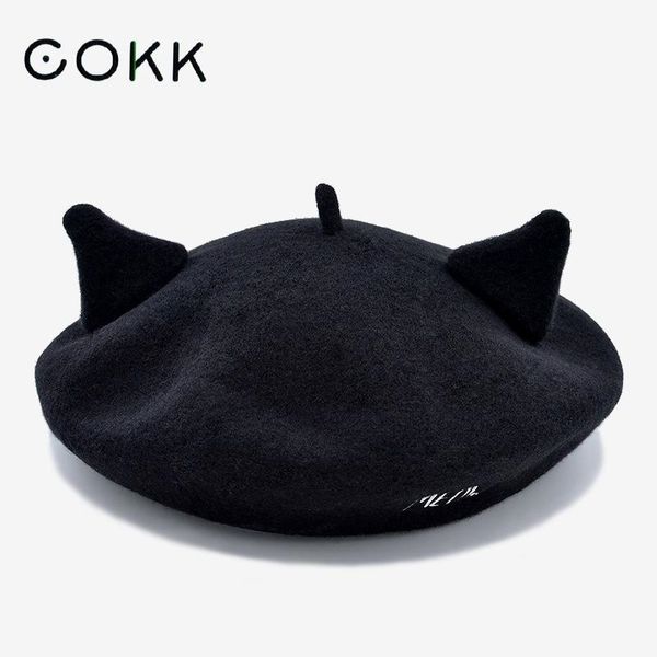 

cokk black wool beret female winter hats for women girls with ears pure woolen boina feminina flat cap england beret bone gorro y200102, Blue;gray