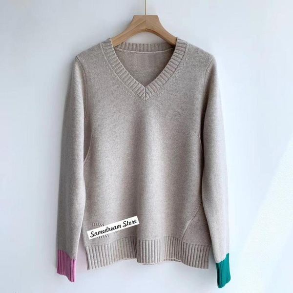 

100% cashmere women sweater cuff color matching v-neck casual wild lady knit pullover sweater1, White;black