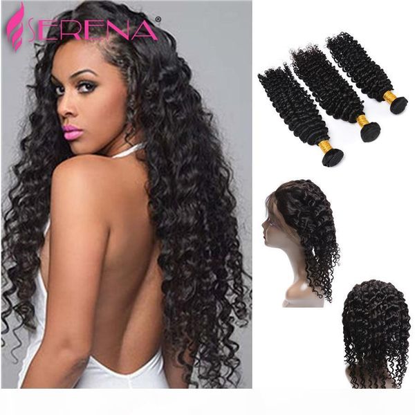 

360 lace frontal with bundle pre plucked 7a deep wave curly lace frontal closure with bundles brazilian virgin hair with closure water wave, Black;brown