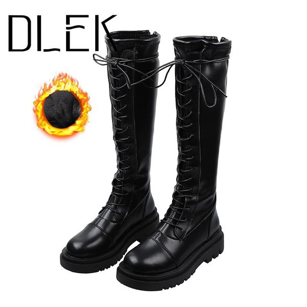 

knee-high long boots women chunky platform thigh high winter lace-up round toe middle heels black brown high female boots