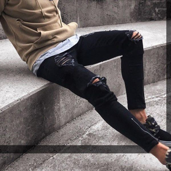 

mens cool designer brand black jeans skinny ripped destroyed stretch slim fit hop hop pants with holes for men1, Blue