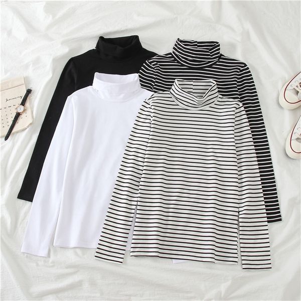

women's t-shirts korean harajuku female student casual women t-shirt spring stripe slim black t shirt long sleeve white 220307