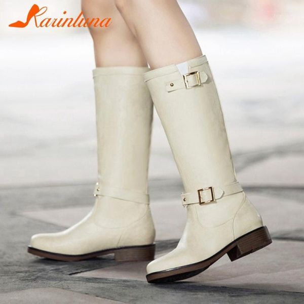 

boots female shoes 2021 brand fashionable plus size 33-44 riding low heels solid buckles mid-calf short plush1, Black