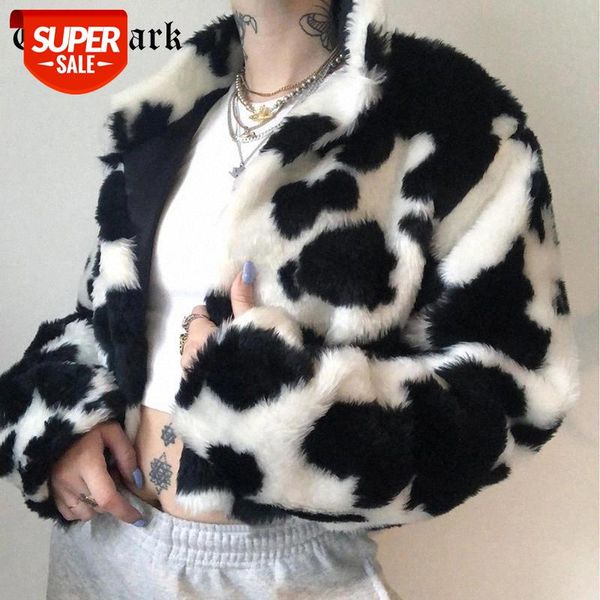 

goth dark punk style gothic crop faux fur coats fashion color blocking long sleeve women cardigan jackets warm streetwear 2020 #dd3v, Black;brown