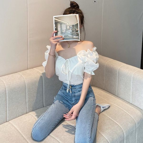 

2020 summer new off the shoulder bubble sleeve slim short lace up white shirt for women