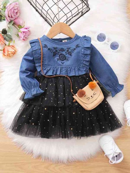 

baby floral embroidered flounce sleeve ruffle trim star mesh hem denim dress she, Blue