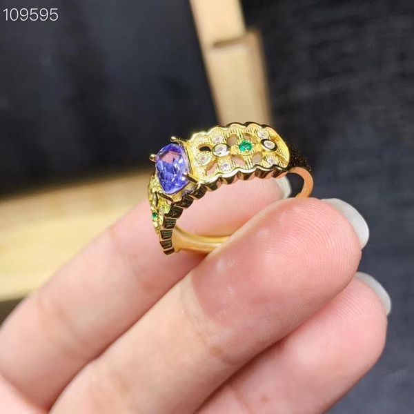 

cluster rings anniversary gift natural real tanzanite luxury ring gemstone 925 sterling silver fine jewelry, Golden;silver