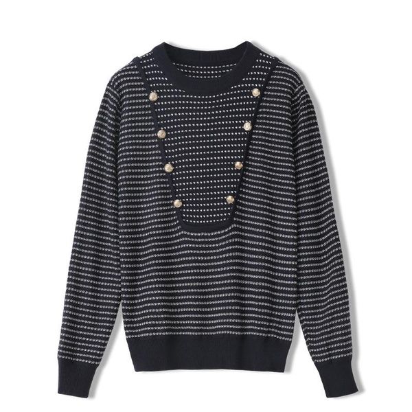

fashion autumn design women pullover gold buckle stitching striped embroidery knitted lady minimalist o-neck sweater striped, White;black