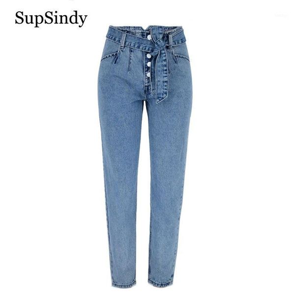 

supsindy women jeans high waist loose straight jeans with belt fashion wild slim button for women pants denim trousers1, Blue