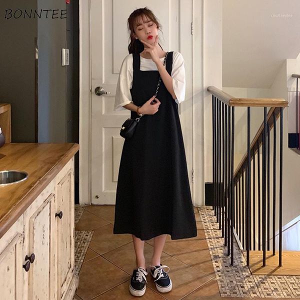 

dress women summer korean loose long womens 2020 new sleeveless mid-calf solid a-line casual square collar simple all-match1, Black;gray