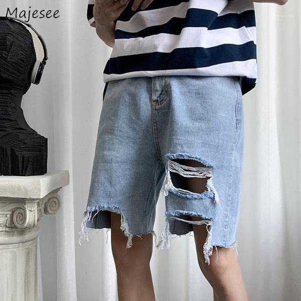 

men jeans knee length hole hollow out loose straight solid denim fashion student streetwear simple korean style ulzzang chic new1, Blue