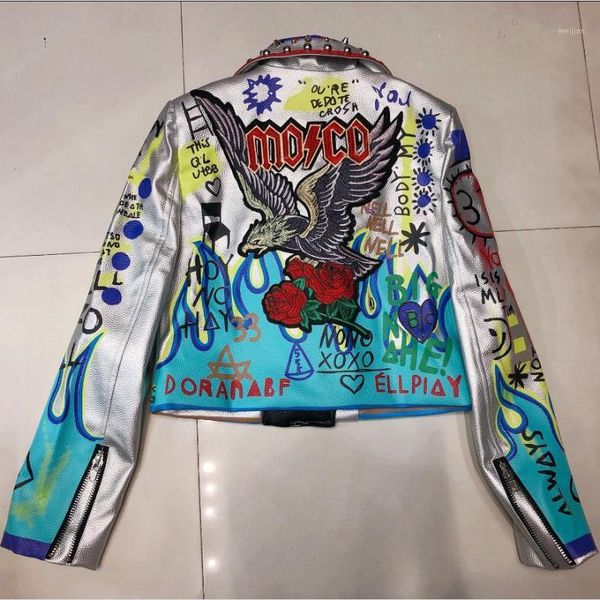 

autumn spring graffiti beading women pu leather jacket punk style motorcyle embrodiery leather jackets coats streetwear f8031, Black