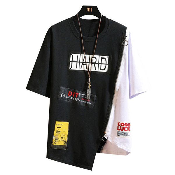 

summer korean hip hop tshirt streetwear casual oversized zipper t-shirt men's clothing cool loose punk japan t shirts male kg-48, White;black