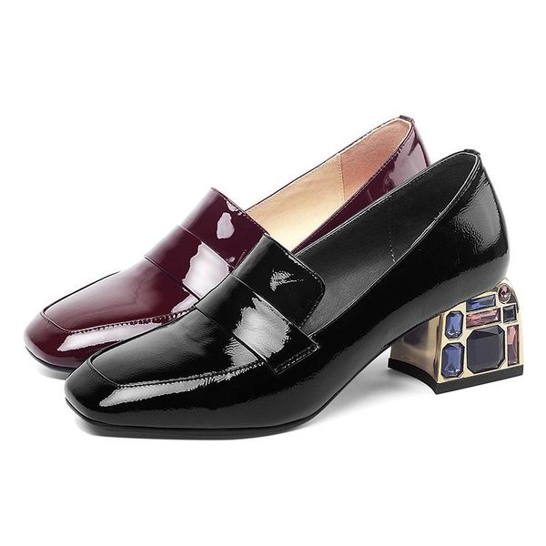 

dress shoes pgxxzlx 2021 square head single women's cow patent leather large size rhinestone heel middle pumps, Black