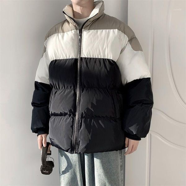 

men's down & parkas winter thickened jacket men's warm fashion hit color casual stand-up collar coat parka men loose korean short, Black