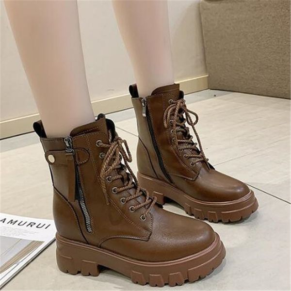 

new women 2021 fall inferior high wholesale shoes warm winter leather increased military boots hrna, Black