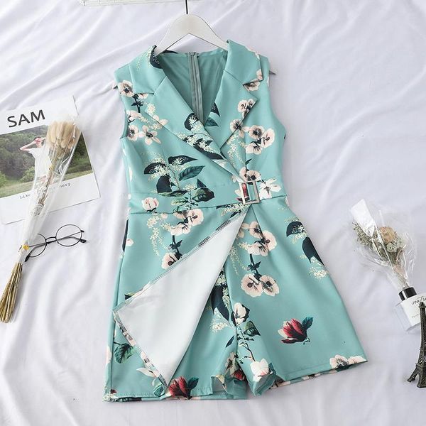 

2020 rompers женщина игровой одежда lady цветочный печатный pumpsuits с поясом отворот рукавов партии ткани женского костюмом для подвижных, Black;white