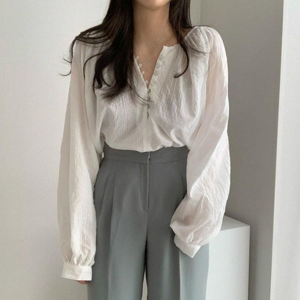 

temperament long sleeve thin shirt women chic solid color blouse spring autumn loose shirts, White