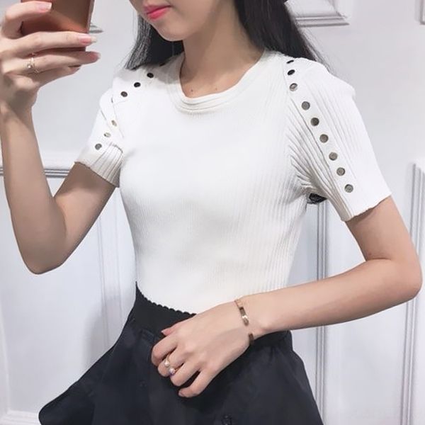 

po4tn summer new pin bead ice silk short sleeve 48 thin wind white round neck pulloverpin pullover show temperament t-shirt woman pul