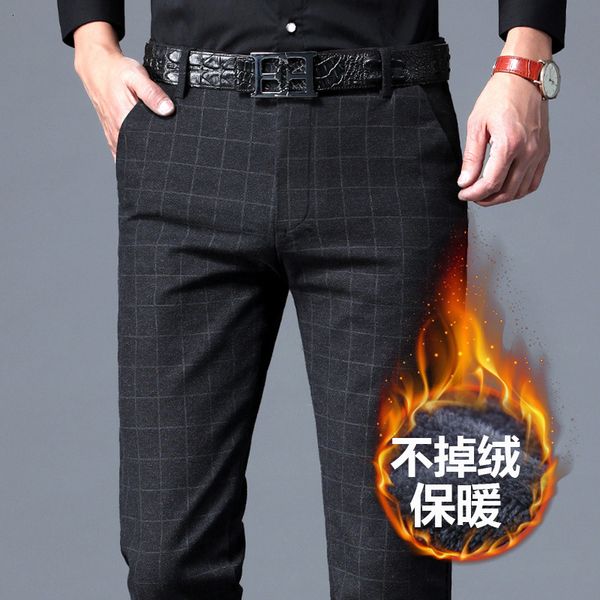 

2020 winter fashion casual plush thickened slim small straight men's plaid thermal pants, Black