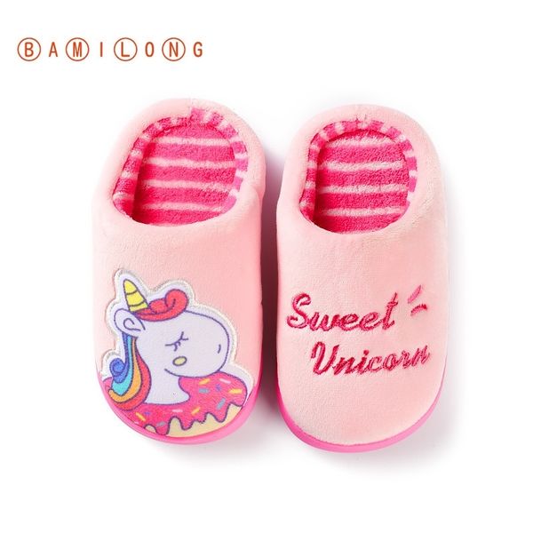 

bamilong new winter unicorn slippers kids plush boys flip flop cartoon girls fur indoor shoes warm house children slippers y354 y201028, Black;grey