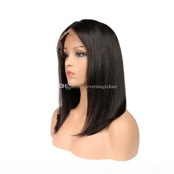 

full lace human hair wigs for women natural black 130% density peruvian remy hair silky straight short bob lace front human hair wigs, Black;brown
