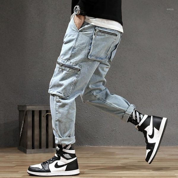 

japanese style fashion men jeans vintage designer loose fit multi pockets denim cargo pants streetwear hip hop harem jeans men1, Blue