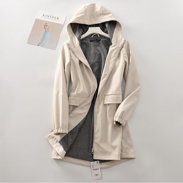 

plus size women's loose medium length hooded windbreaker 2020 spring autumn windproof waterproof raincoat trench coat lady palto, Tan;black