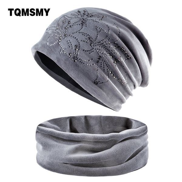 

women's fashion rhinestone flower hat scarf winter warm beanies scarves set for girls thick velvet bonnet femme skullies caps y201024, Blue;gray
